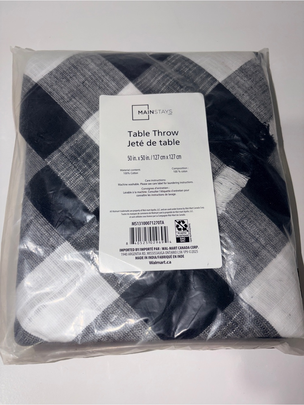 Mainstays Buffalo Plaid Cotton Table Throw 50x50 Black White NWT